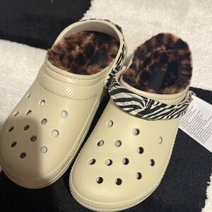 CROCS Cream Slippers with Animal Print Lining